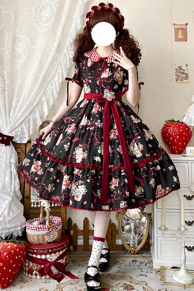 Bear Strawberry Garden Collar Short Sleeve Print Bow Sweet Lolita Dress