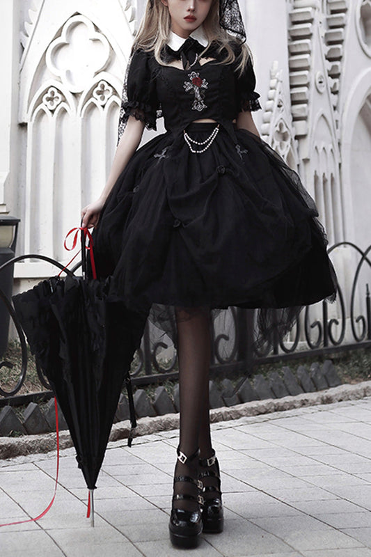 Embroidered Cutout Lolita Dress Set with Short Sleeves in Black