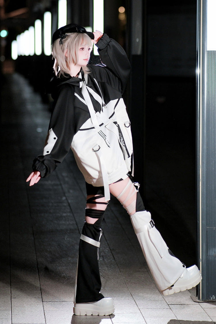 Black/White Zero-Type Transformation Techwear Long Sleeves Embroidered Hooded Punk Jirai Kei Shorts Coat Set