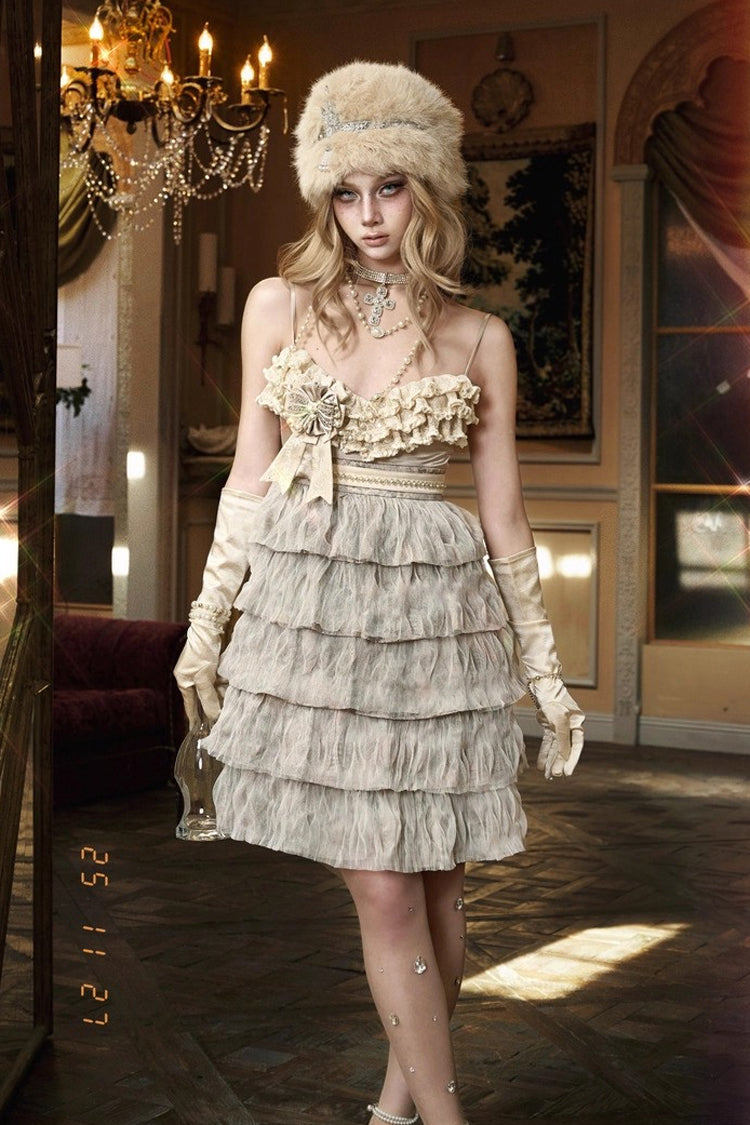 Beige Slavic Noble Lady Sleeveless Multi-Tiered Ruffled Bow Sweet Elegant Lolita Jumper Dress