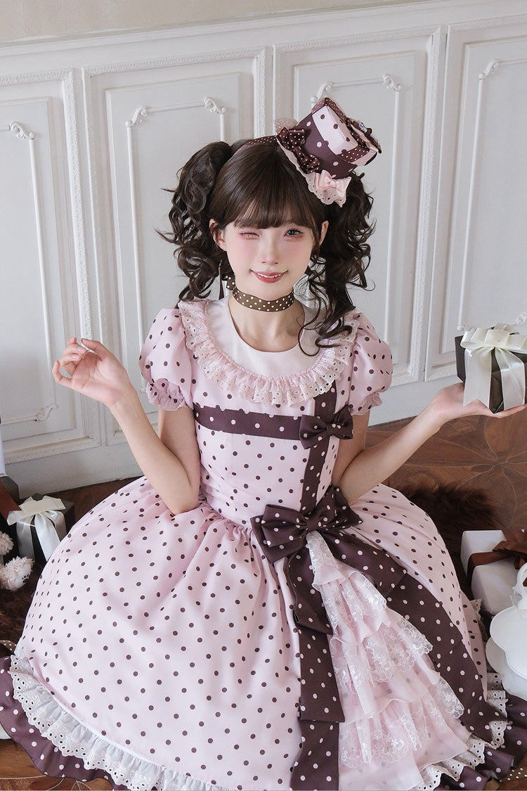 Canelé Gift Box Round Collar Short Sleeves Double-Layered Printed Polka Dot Ruffled Open-Front Bow Asymmetric Sweet Lolita Dress - Pink