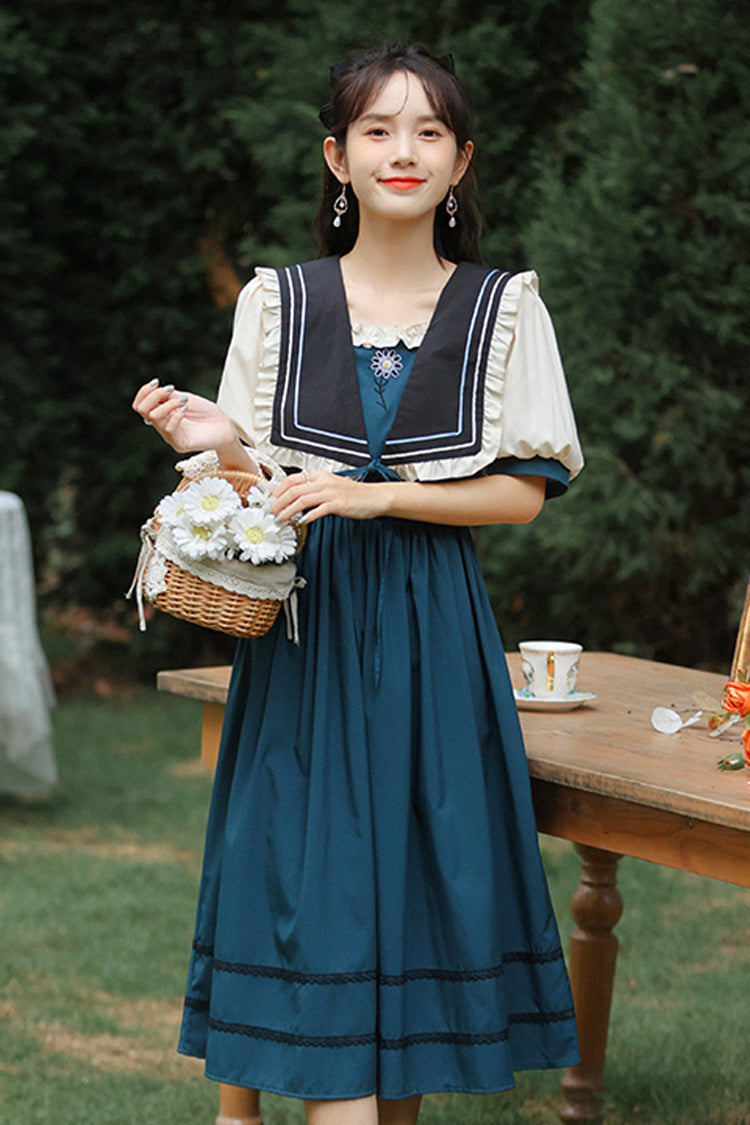 Multicolor Retro Sweet Lolita OP Dress with Doll Collar and Embroidered High Waist - Altfashion Shop