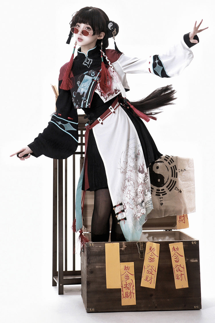 Multi-Color Asymmetric Chinese Ouji Skirt with Demon Print - Walking With The Demon