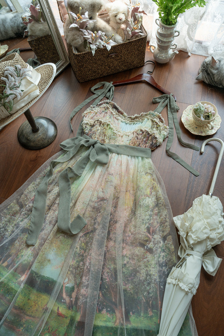 Green Oil Painting Spring Sleeveless Print Ruffle Bow Lace Sweet Jsk Dress