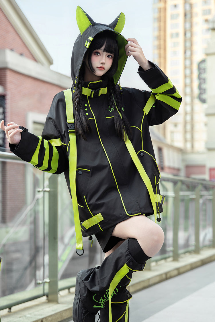Yellow/Green/Black Long Sleeve Cat Ear Hooded Jirai Kei Coat