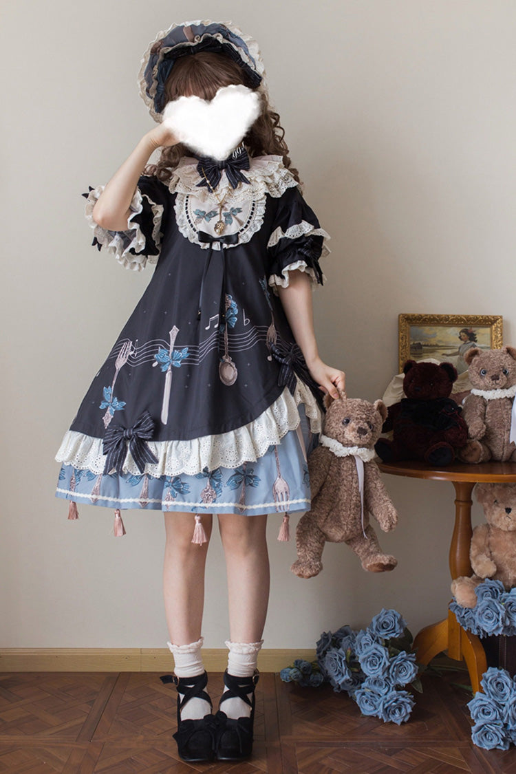 Navy Witch's Banquet Round-Collar Short-Sleeve Printed Ruffled Embroidered Bow Asymmetric Sweet Lolita Dress