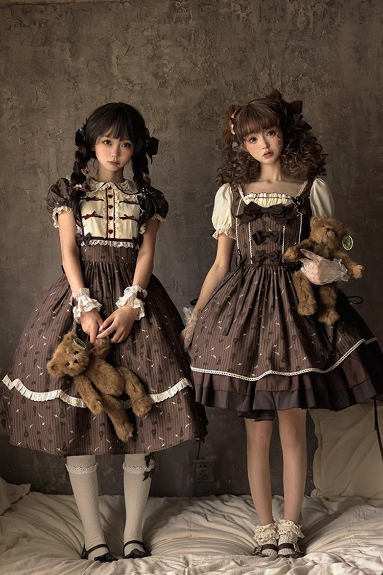 Brown Print Bow Sweet Elegant Princess Dress Long - Hot Air Balloon