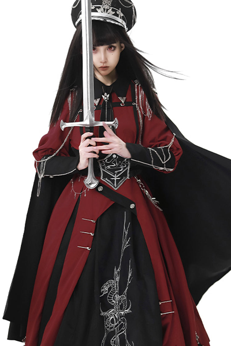 Red Black Metal Chain Print Bow Gothic Military Elegant Lolita Dress