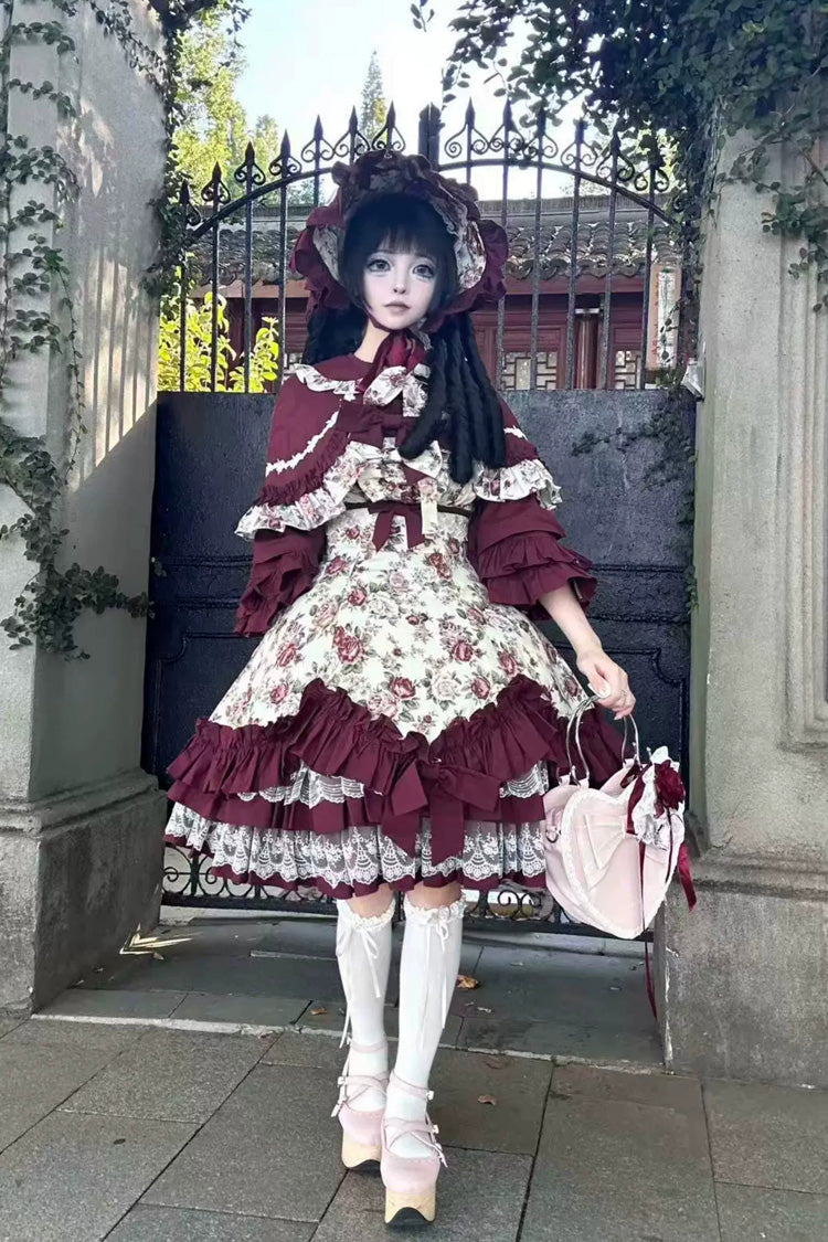 Burgundy Off-Shoulder JSK Dress with Ruffled Lace