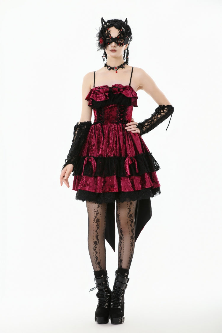 Wine Red Velvet Corset Mini Dress with Pointed Tail