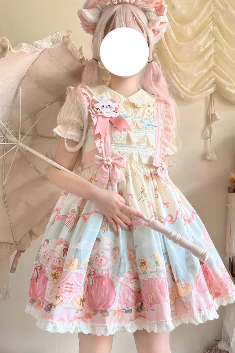 Blue/Pink Sheep Waltz Printed Ruffled Bow Lace Sweet Lolita JSK Dress - Miss Brown