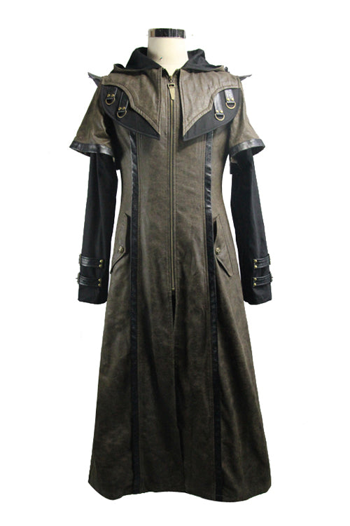 Steampunk Hooded Leather Coat with Dual Sleeves, Brown