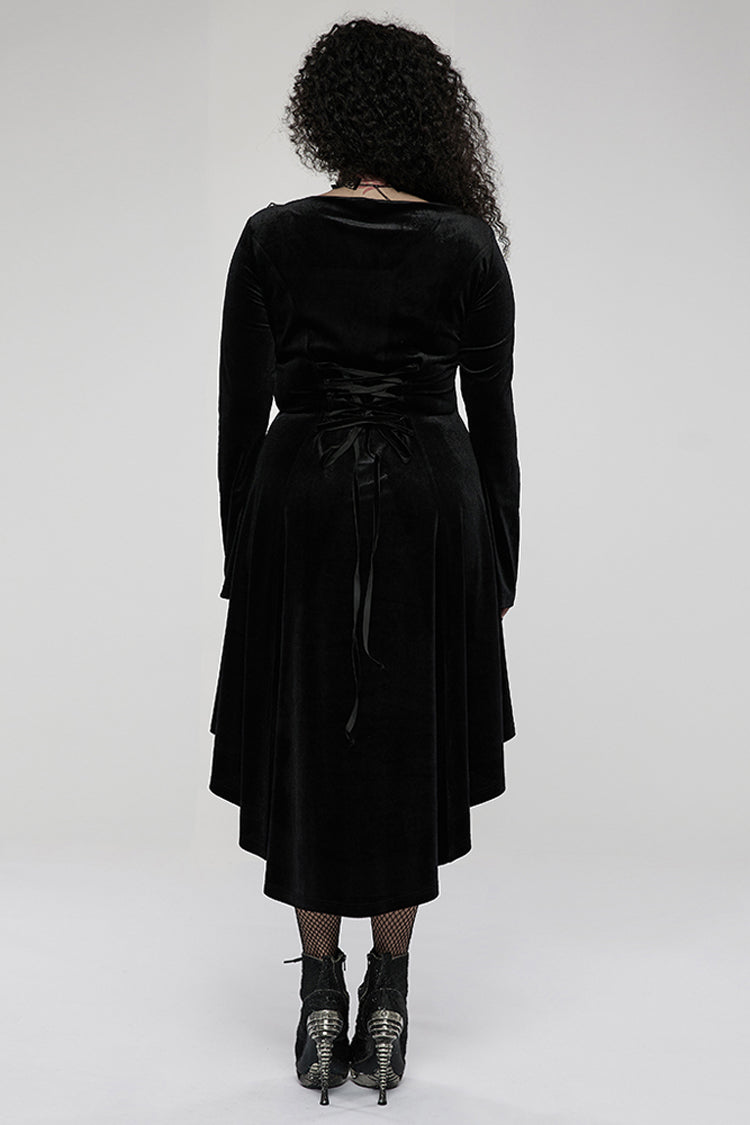 Velvet Fabric Embroidered Jacquard Neckline Irregular Hem Trumpet Sleeve Gothic Dress