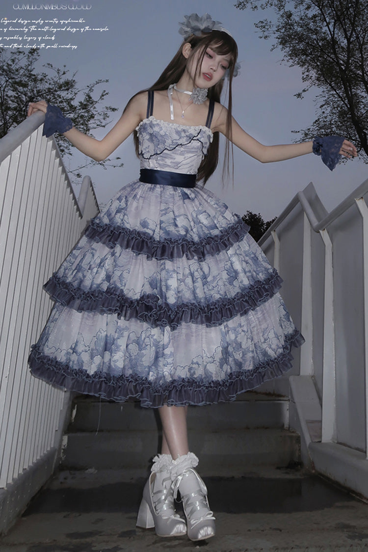 Multi-Color Cumulonimbus Printed Sweet Lolita JSK Dress - Multi-Layer Ruffled