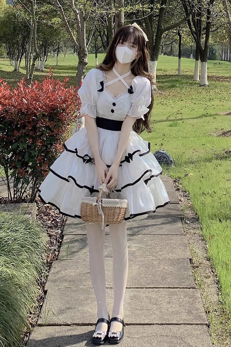 Gothic Short-Sleeve OP Dress with Rose Contrast and Layered Swing Skirt in 3 Variants