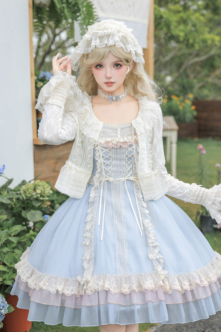 Island Diary Square Collar Flutter Sleeves Triple-Layered Ruffled Lace-Up Sweet Lolita Jsk Dress 2 Versions - Blue