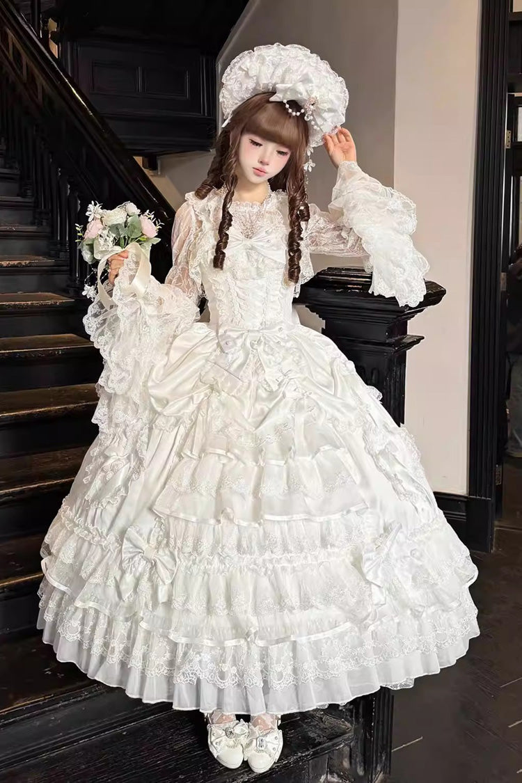Ivory Curtain Ode Multi-Tier Ruffled Bridal Front Bow Lace-Up Long JSK