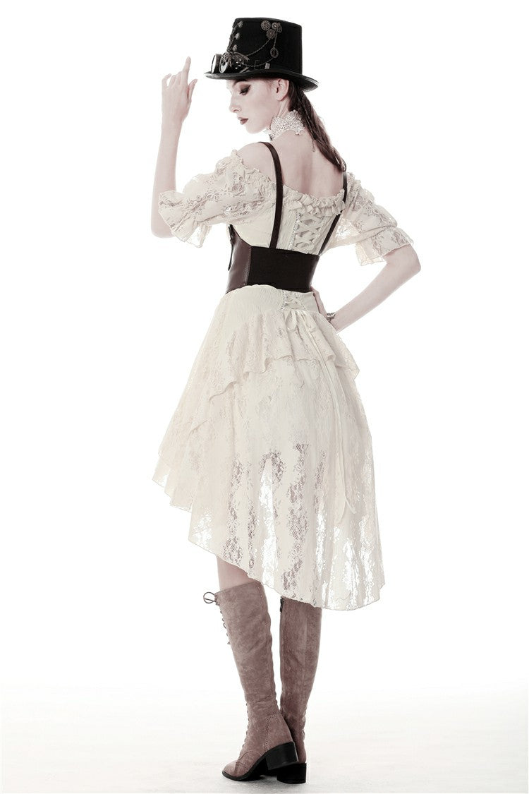 Beige Ruched Off-Shoulder Short Sleeve Steampunk Vintage Gown