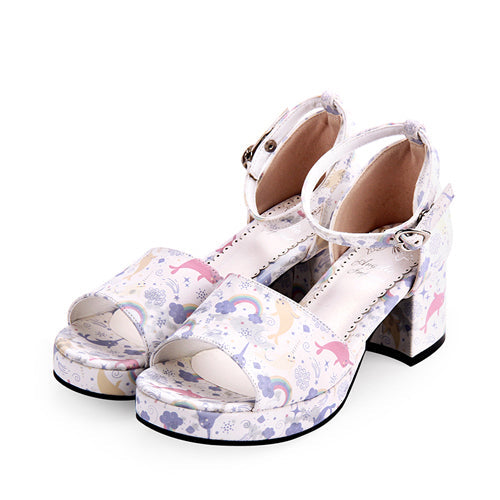Fish Print Lolita Sandals with Round Toe, Cute Design