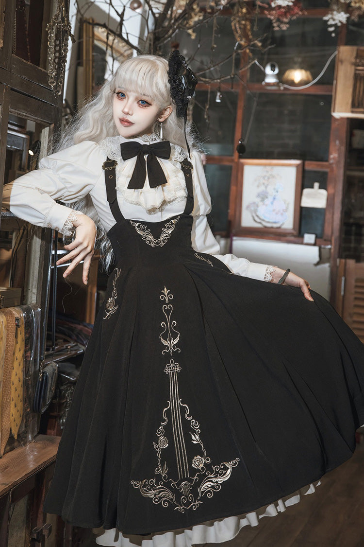 Black/White Violin Variations Ruffled Embroidered Gothic Lolita Jumper Gown Set