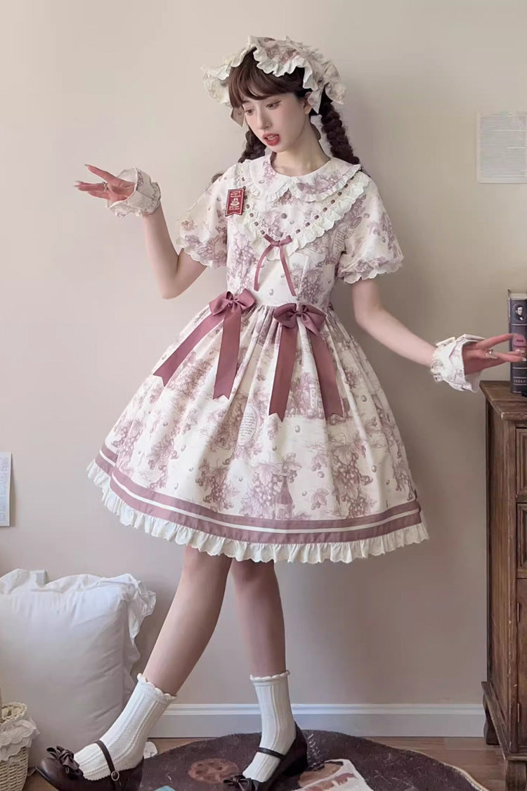 Grape Moon Almanac Short-Sleeve Multi-Layer Printed Ruffled Bow Sweet Lolita Dress