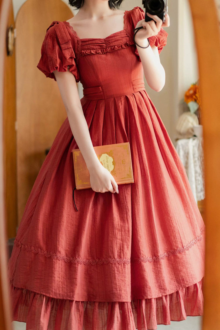 Square Collar Ruffled Bow Dress - Forest Gallery