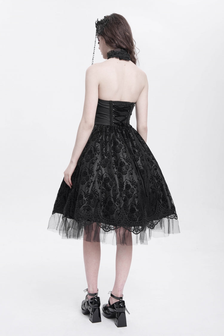 Unique Black Skeleton Print Embroidered Lace Stitching Halter Gothic Gown