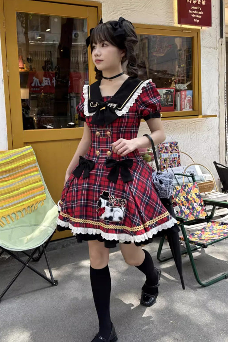 Red Dalmatian Short Sleeves Print Ruffle Bowknot Slim Sweet Lolita Dress