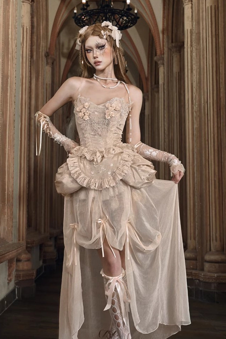 Gothic Apricot V-Collar Sleeveless High-Waist Ruffle Lace Corset Skirt Set