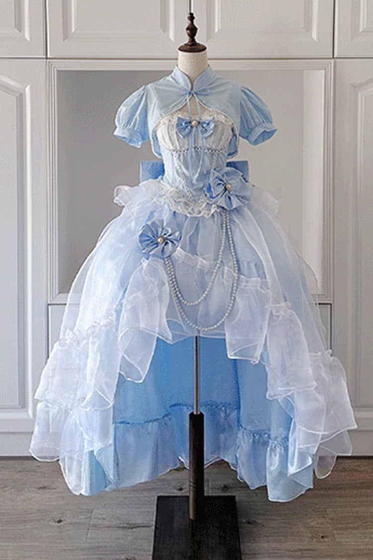 Cerulean and Ivory Porcelain Printed Ruffled Bow Lace High-Low Sweet Plus Size Lolita JSK Long Version