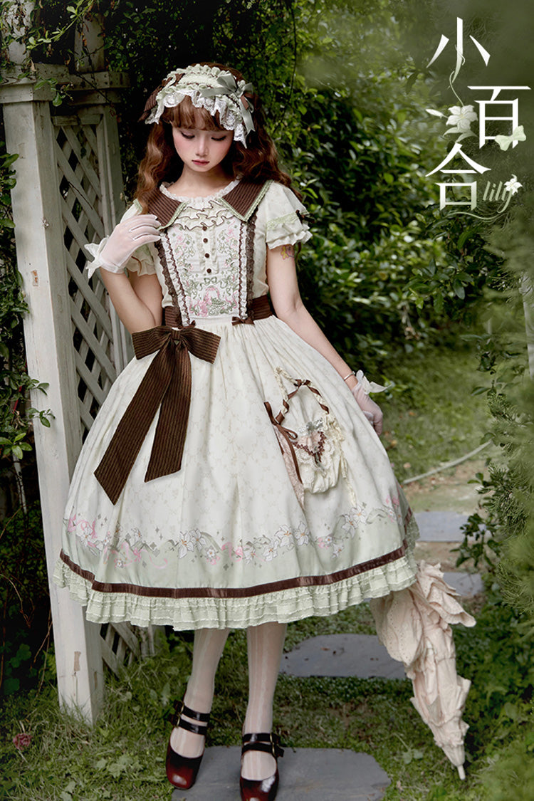 Green Ivory Lily Short Sleeve Print Ruffle Embroidery Bow Lace Sweet Dress