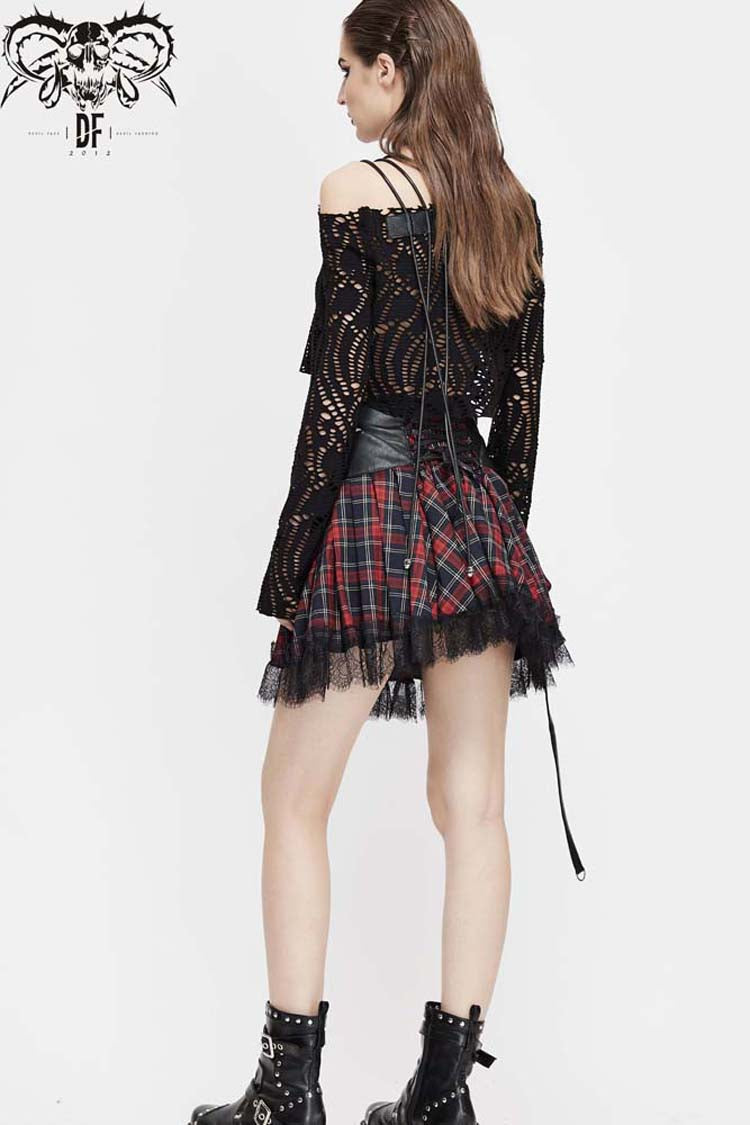 Jet-Black Punk Shirt with Lace-Up Straps and Cutout Collar for Women