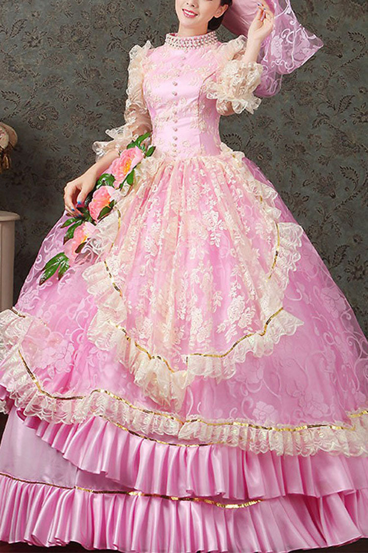 Rose Victorian Floral Lace High-Waist Ruffle Prom Dress