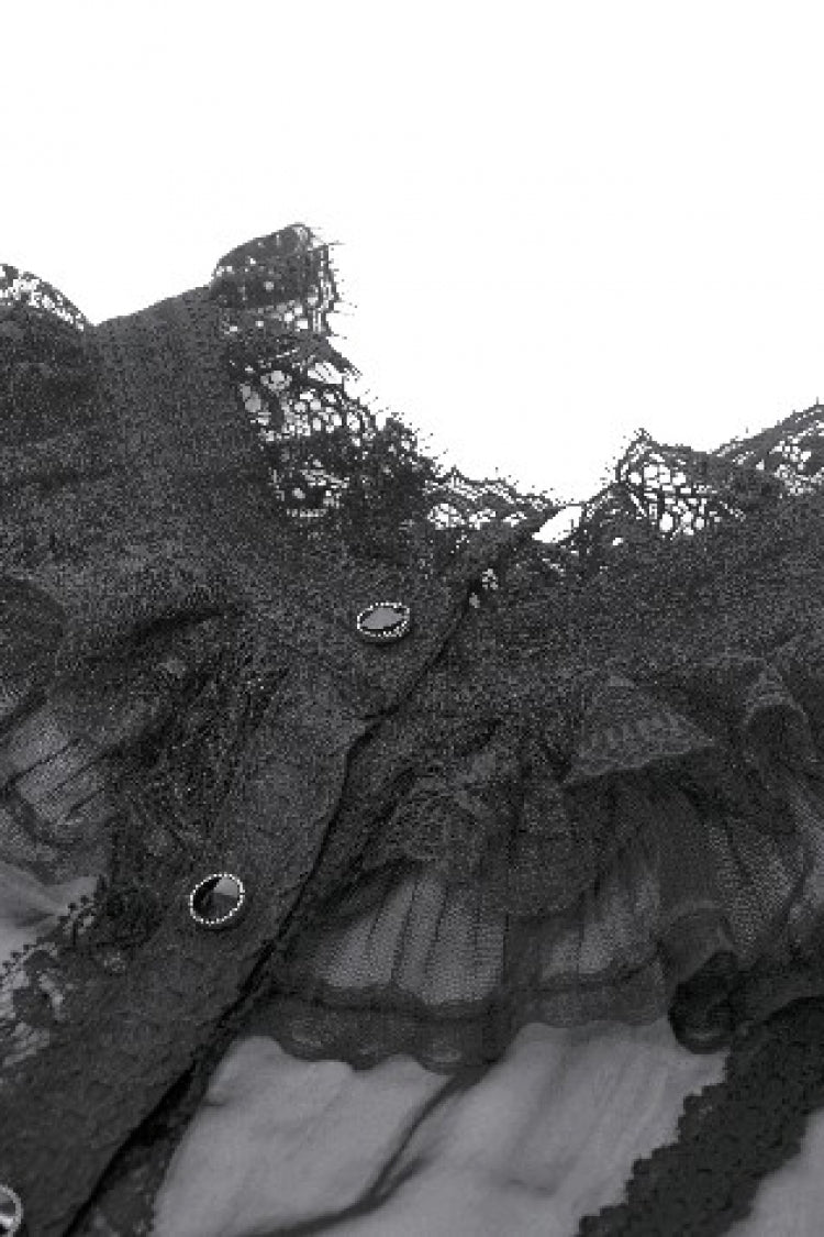 Courtly Gothic Blouse with Puff Sleeves and Lace, Black