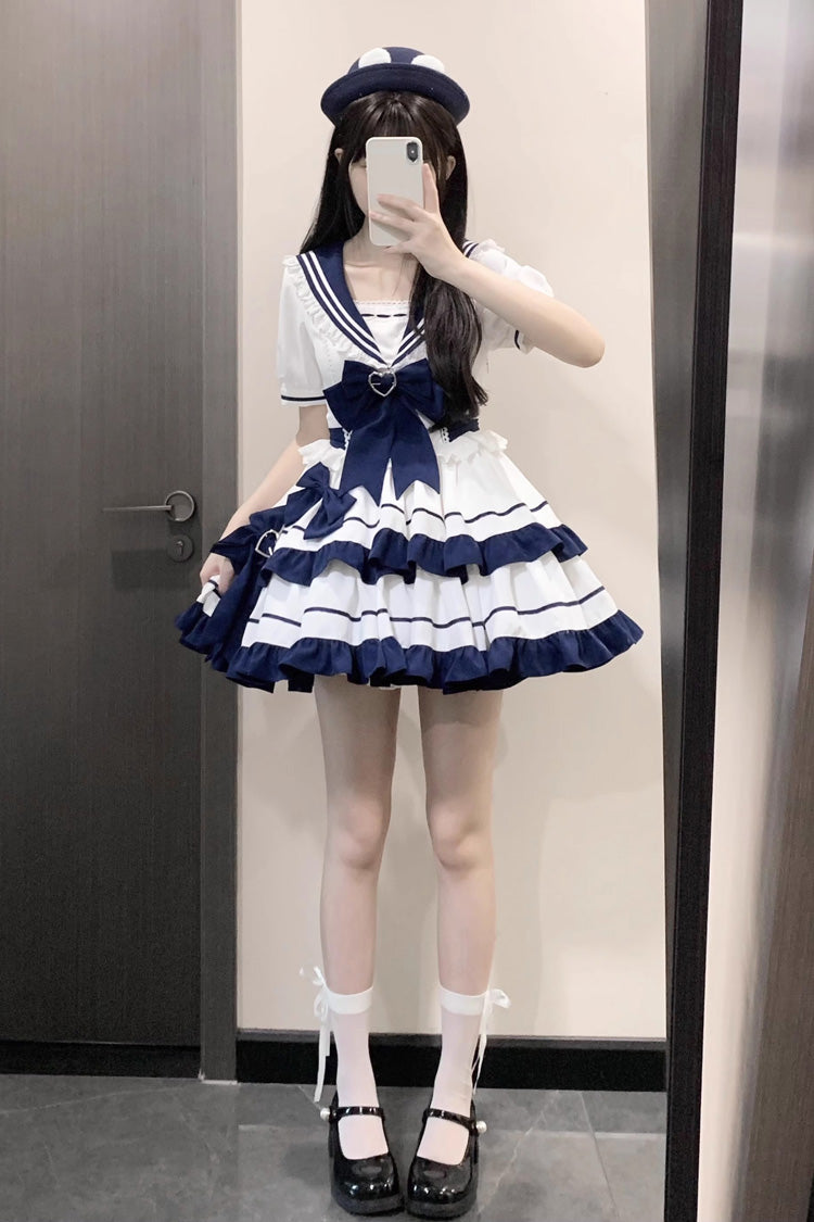 Dark Blue Double Layer Ruffled Sweet Lolita Dress - Short Sleeved Lace