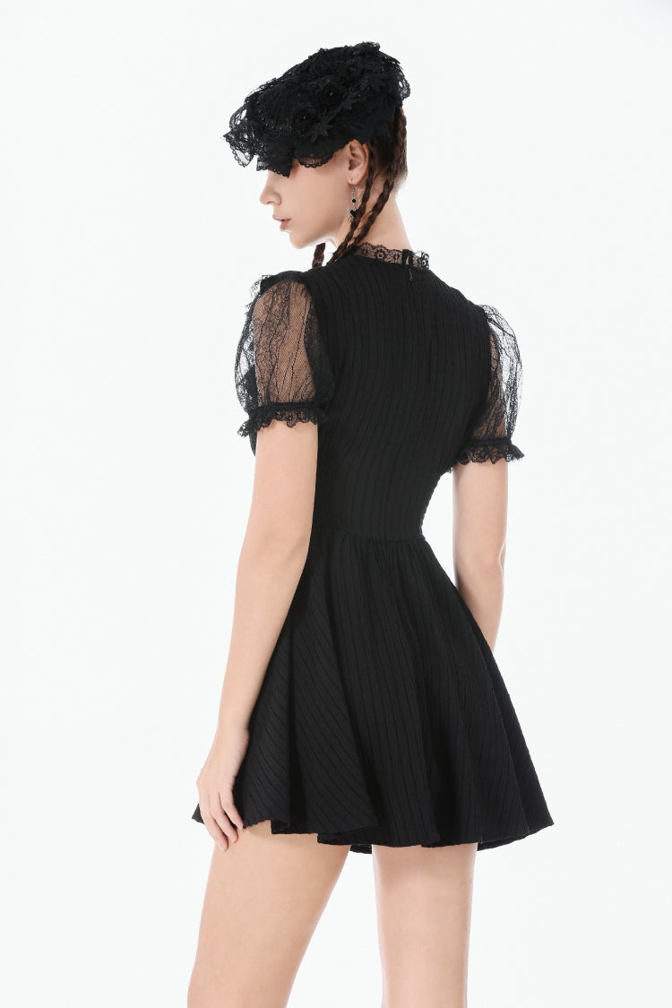 Cross Ruffled Short Sleeve Gothic Graduation Dress for Women Lace