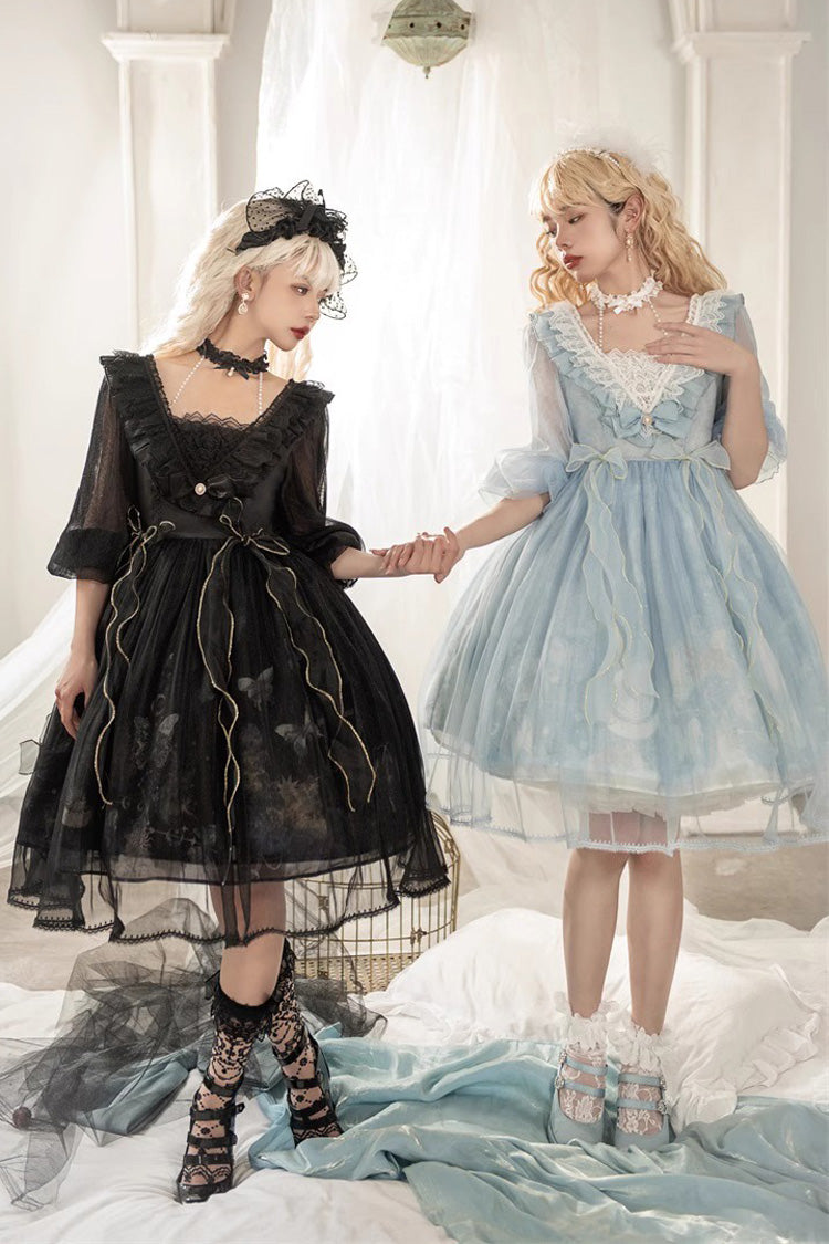 Black Planet Butterfly Printed Gothic Lolita Dress - High-Waisted Ruffled Lace