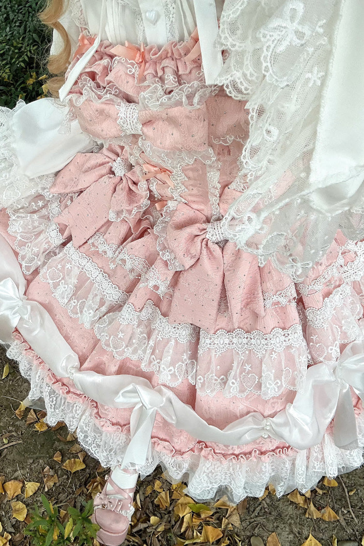 Pink Sleeveless Multi-Layer Ruffle Bow Lace Sweet Plus JSK Dress