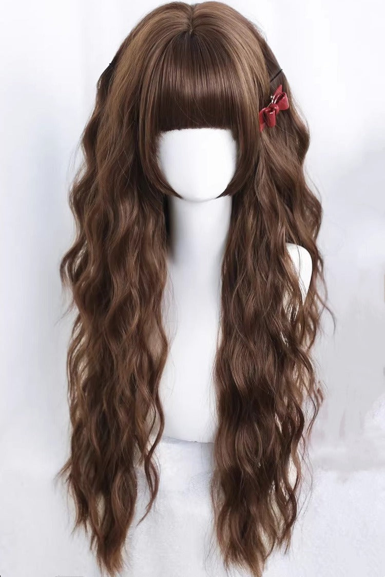 Warm Brown Beach Wave Wig with Blunt Bangs - Sweet Lolita