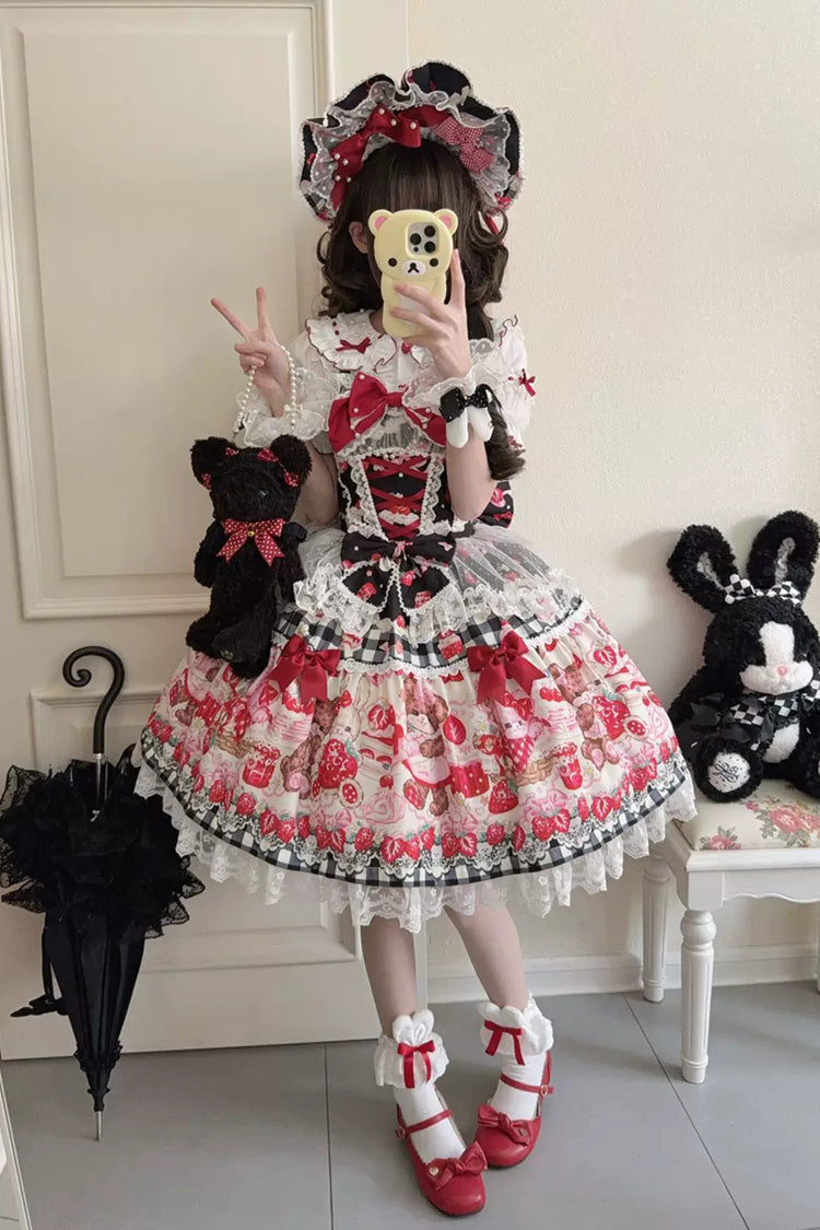 Red/Black Sweet Lolita JSK Dress Printed Bow Lace Lace-Up - Sweet Berry Bunny Bear