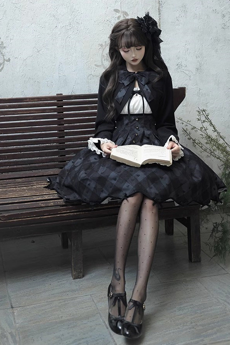 Black Short Sleeve Plaid Print Sweet Elegant Princess Dress Short - Swan