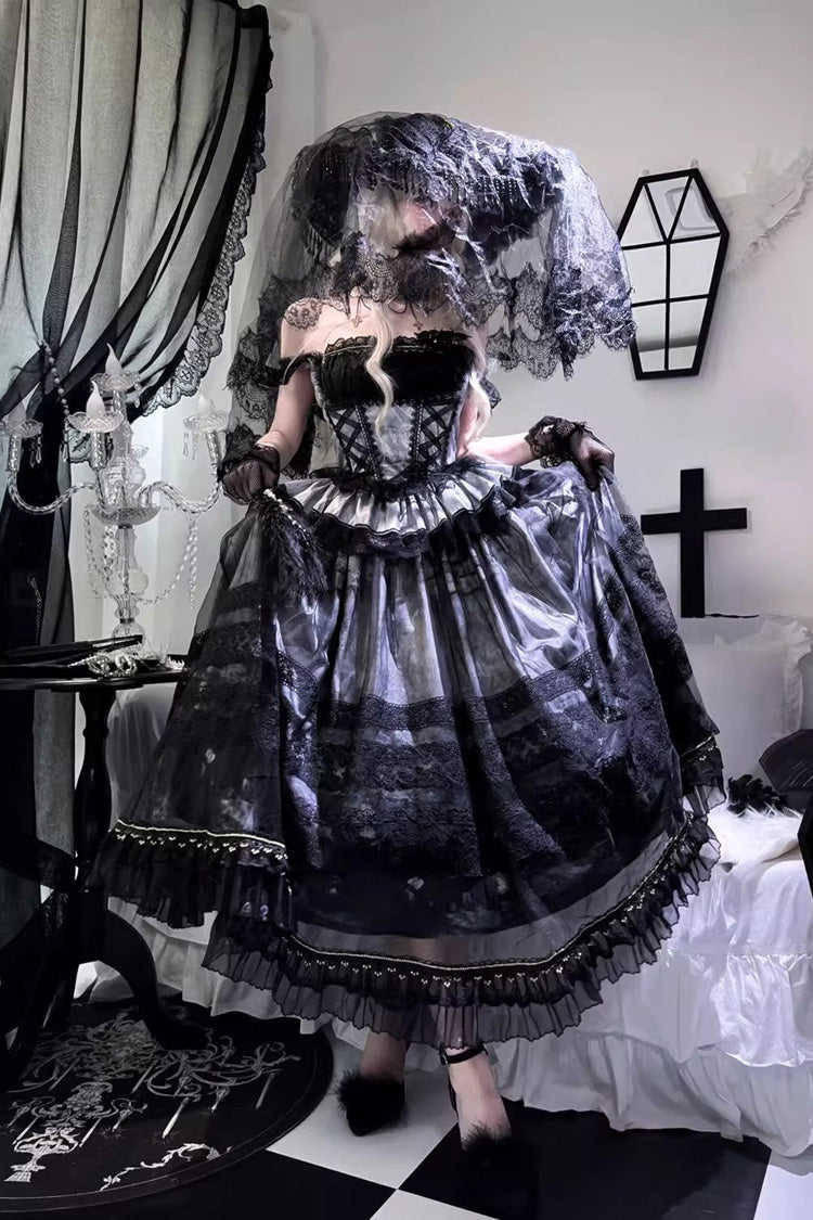 Misty Vineyard Grey Blue Sleeveless Lace-Up Ruffle Bow Sweet Lolita Jumper Dress Set