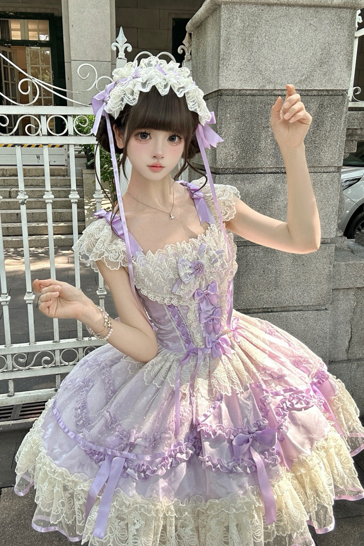 Dreaming Butterfly Violet Jacquard Ruffle Bowknot Lace Princess Lolita JSK - Dreaming Butterfly