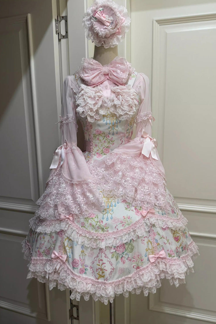 Ivory & Pink Sleeveless Floral Wall Print Lace Bow Sweet Lolita JSK Dress