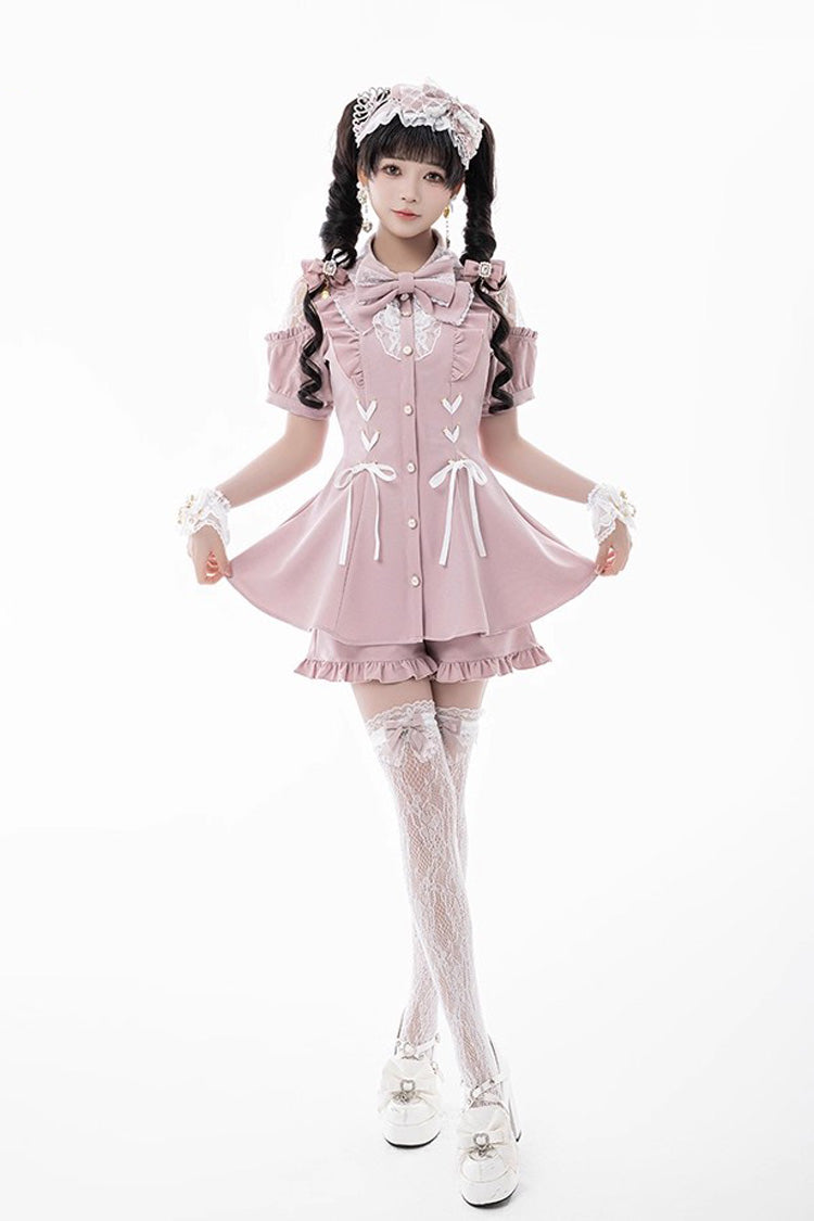 [Alice of Wednesday] Sweet Off Shoulder Short Sleeves Ruffle Bowknot Lace-Up Japanese Jirai Kei Dress Shorts Set 3 Colors