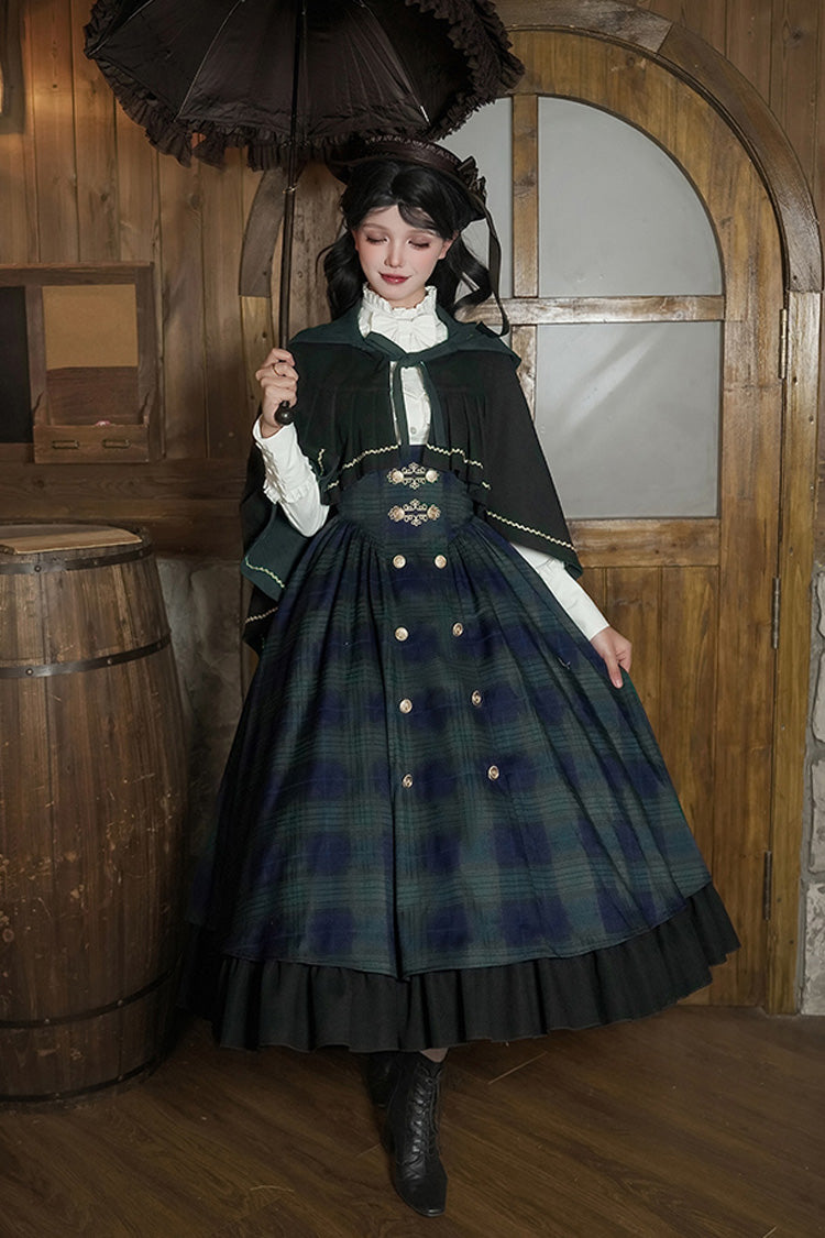 Blue Green Berlin Letter Double-Layered Plaid Print Ruffle Bowknot Classic College Style Lolita Strap Dress Set
