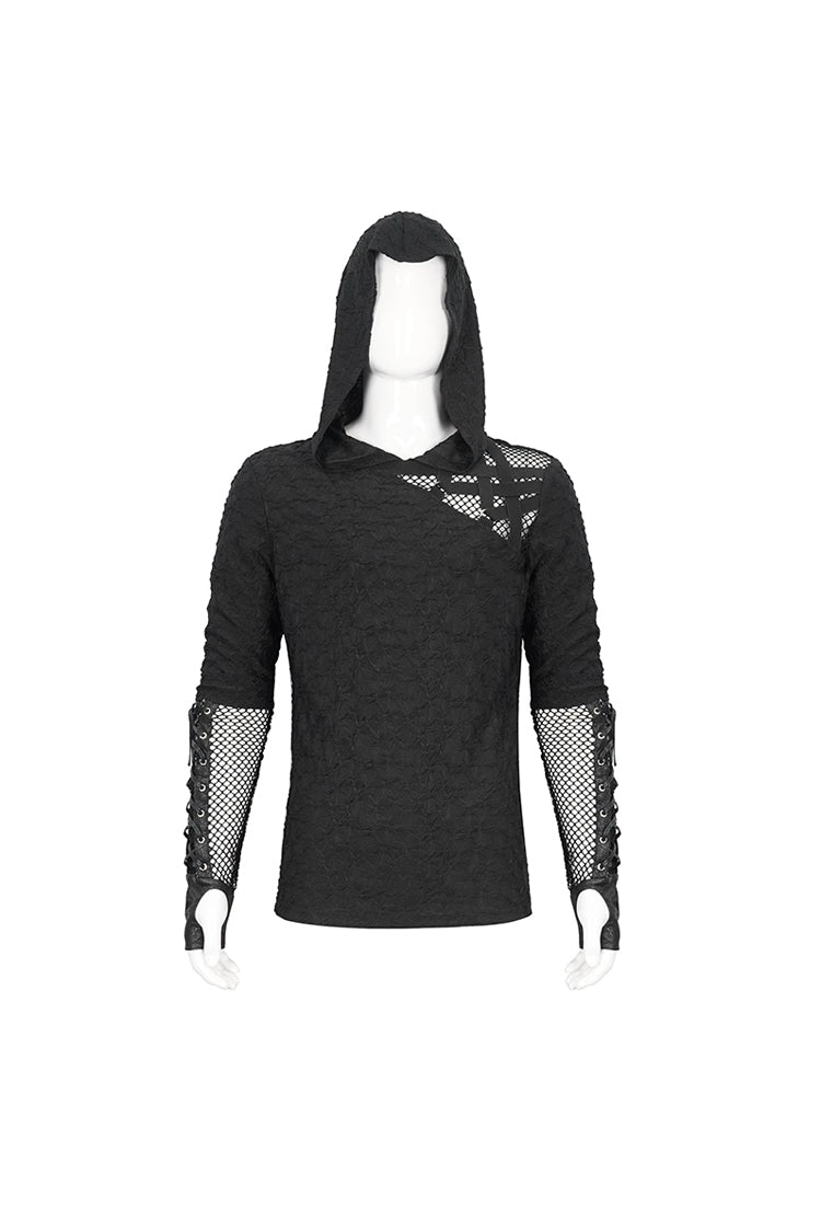 Mesh Spliced Long Sleeve Punk Hoodie for Men with Lace-Up Front