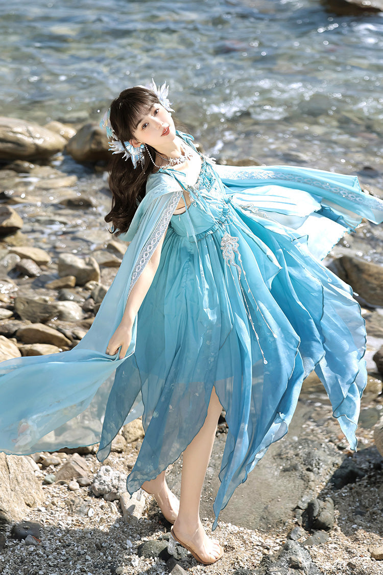 Gradient Print Irregular Hooded Sweet Lolita Jumper Dress Cloak Set - Blue