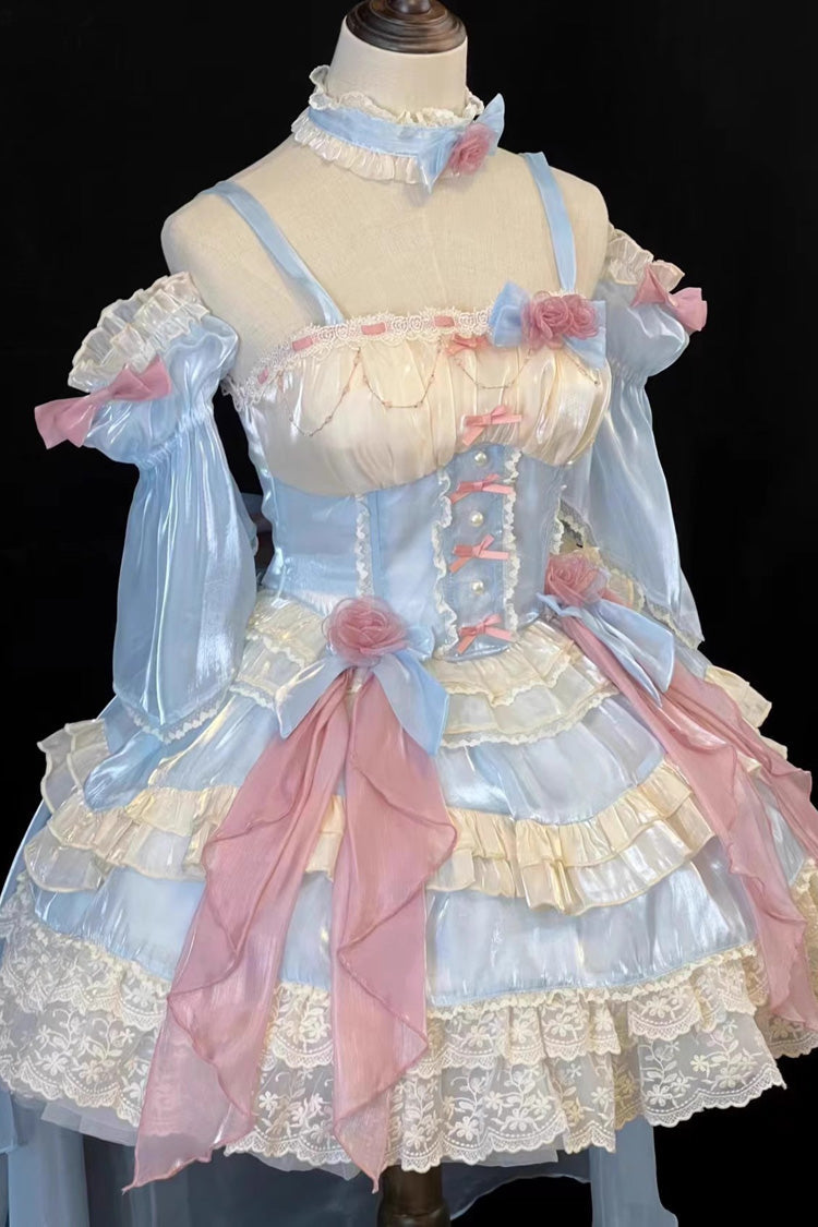 Heartbeat Blue Multi-Layered Ruffle Bowknot Lace Sweet Princess JSK Dress