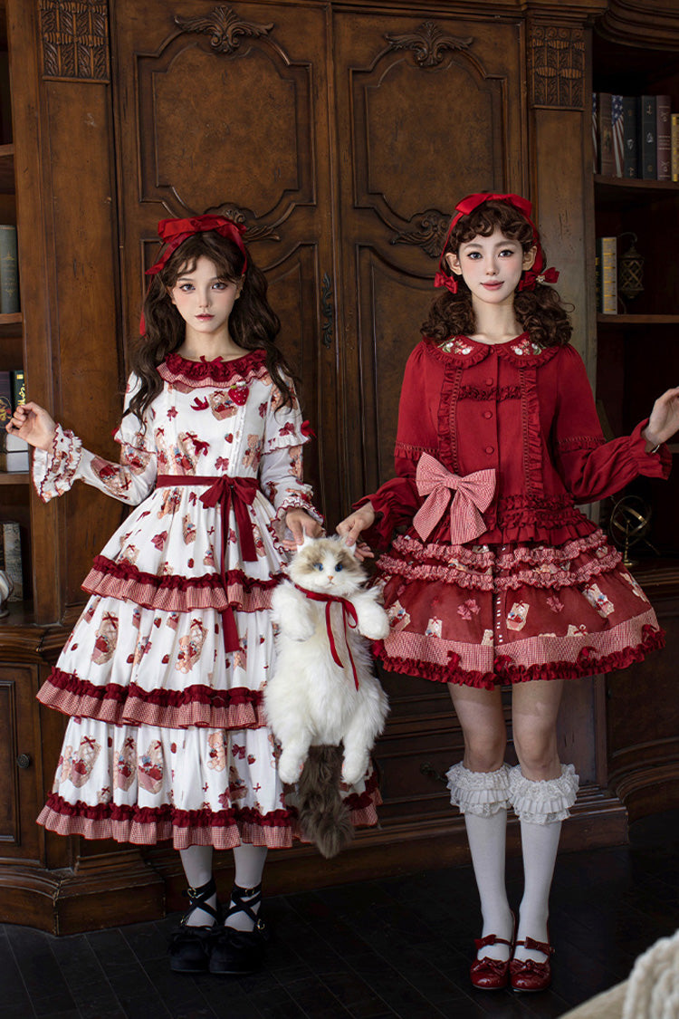 Blush Pink & White Berry Farm Print Long-Sleeve Layered Ruffled Sweet Lolita Gown